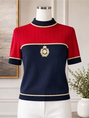 St. John Collection Nautical Crest Knit Top Red Navy Gold Short Sleeve L